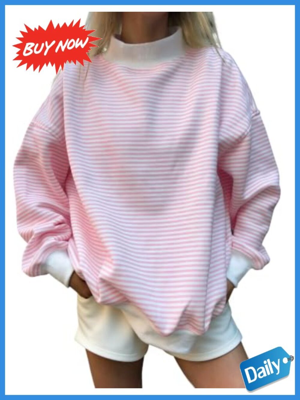 Oversized Mockneck Striped Sweatshirt Cotton Blend Long Sleeve Pullover
